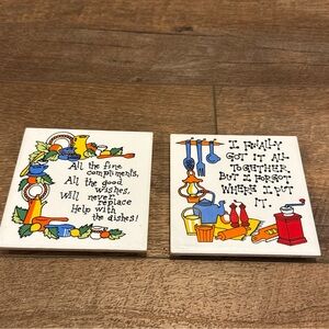 VTG Set Of 2 MidCentury Tile Trivet Sign Funny Kitchen Diner Restaurant Plaque